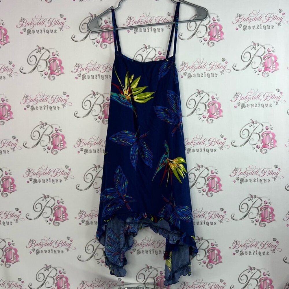 Boulala dress asymmetrical hem fairy 🧚 style tropical Blue Leaf Pattern Dress